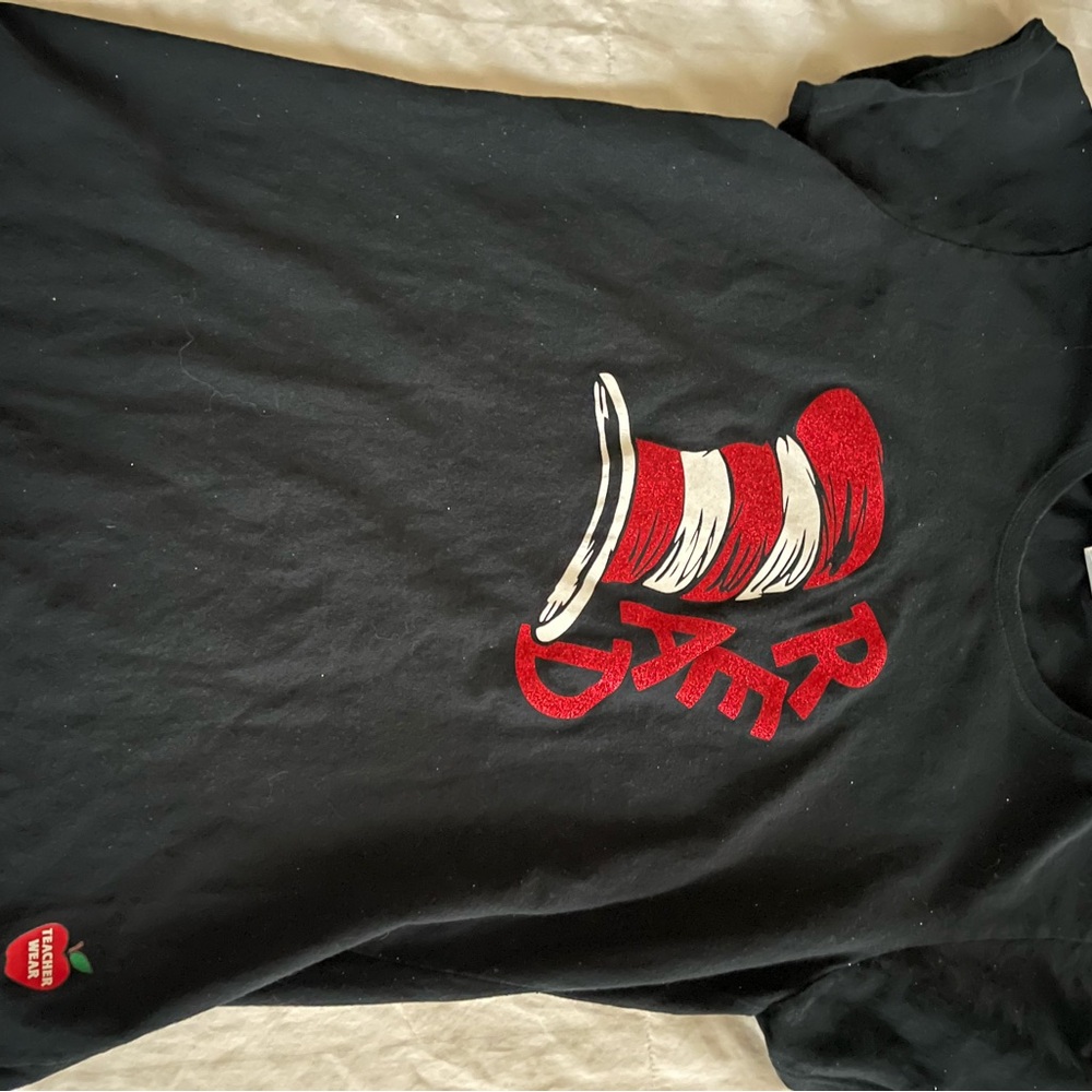 Black Graphic Teacher Wear Tee with Red & White Dr. Seuss Cat in the Hat Design